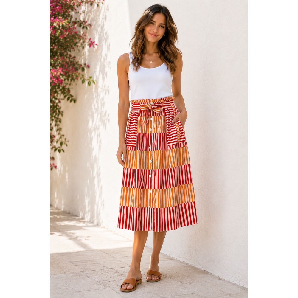 Who What Wear Striped Paperbag Waist Midi Skirt Orange Coral Cream Large Boho L